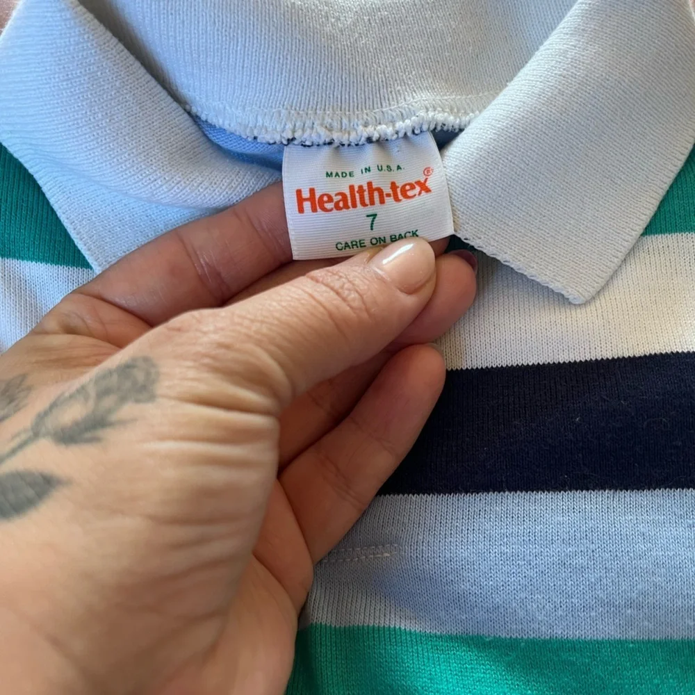 Vintage Healthtex Striped Polo Shirt - Blue, Green, White